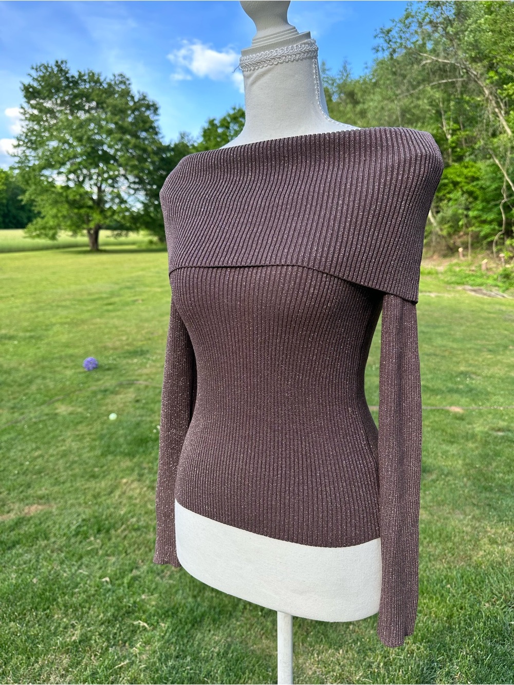 Off-Shoulder Ribbed Knit Sweater in Brown & Sparkles